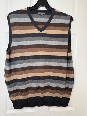 GAP Men's Striped V-Neck Sweater Vest in Brown, Gray, and Tan